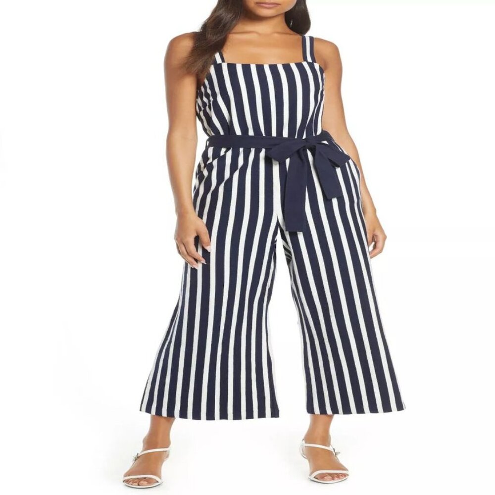J CREW Blue White Stripe Knit Belted Jumpsuit 6